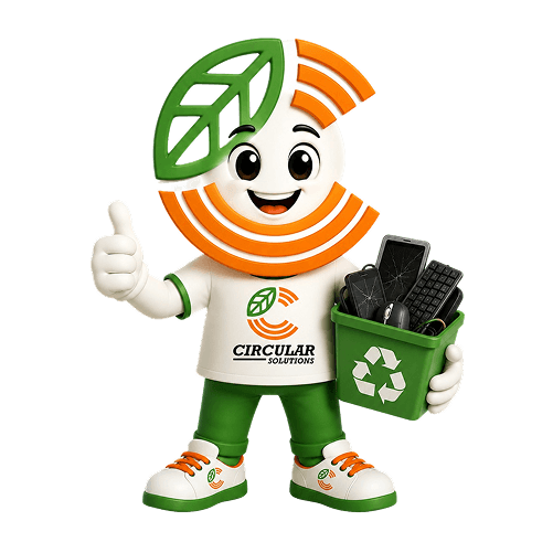 Mascota de Circular Solutions sosteniendo equipos electrónicos para reciclaje