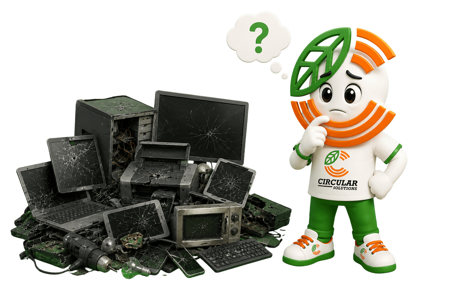Mascota de Circular Solutions junto a una pila de equipos electrónicos en desuso