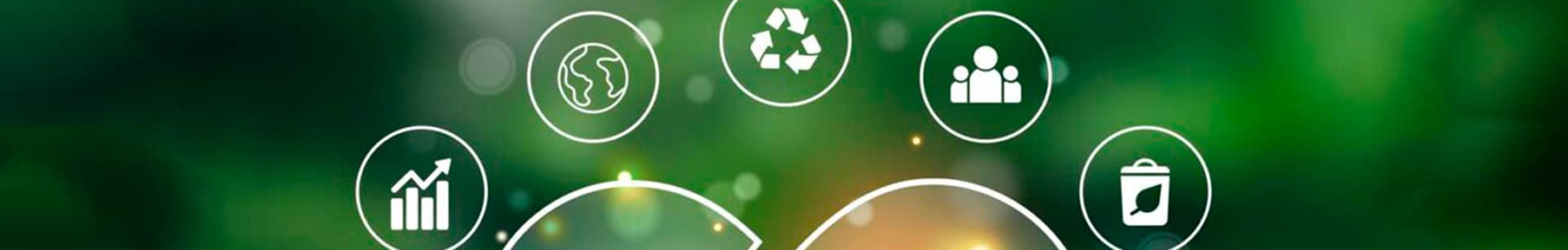 Íconos de sostenibilidad, reciclaje y gestión ambiental sobre fondo verde