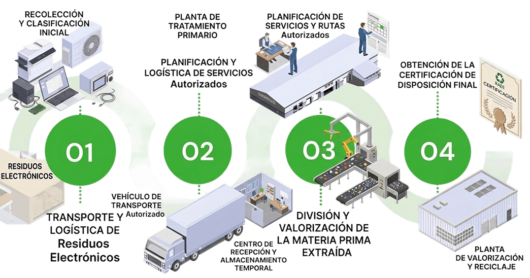 Diagrama del proceso de gestión de residuos electrónicos RAEE de Circular Solutions