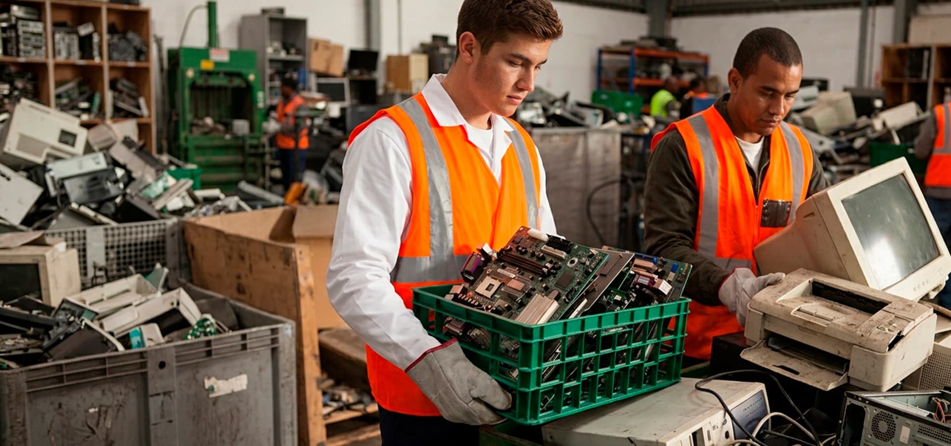 Técnicos clasificando residuos electrónicos en un almacén de reciclaje